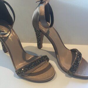 Fabulicious gold jeweled stilettos with gold satin